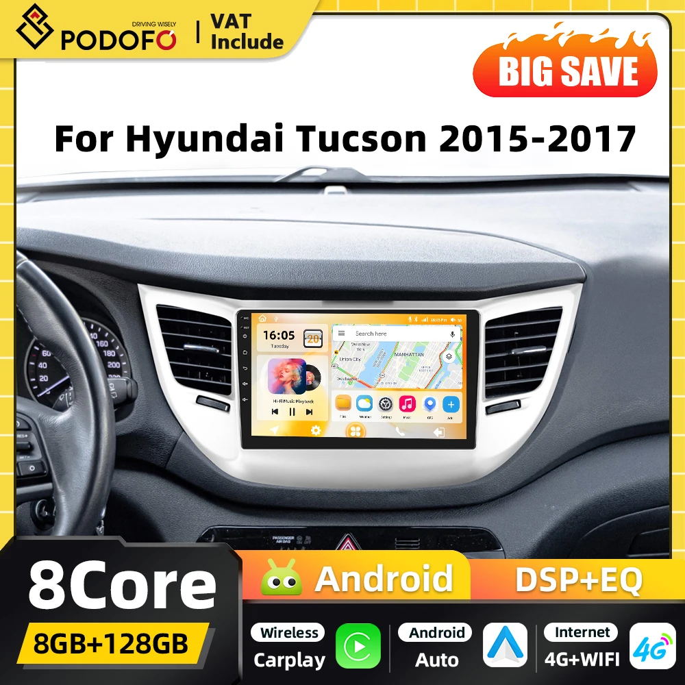 Autoradio multimédia Android 2din Podofo AI Voice pour Hyundai Tucson 2015-2017 GPS Carplay Android Auto WIFI DSP FM RDS Bluetooth