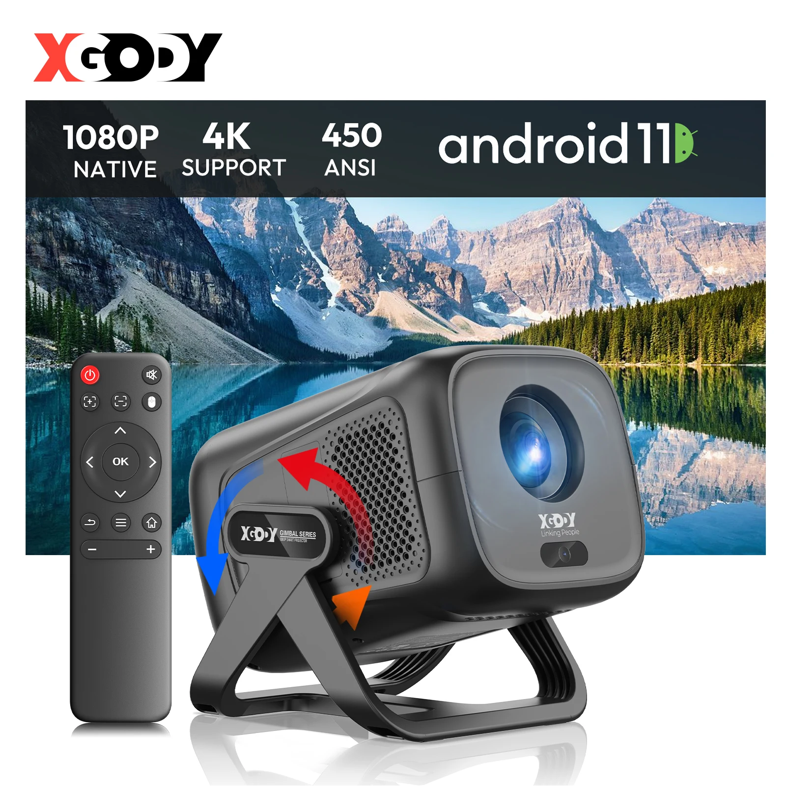 Proyector XGODY Gimbal A5 450ANSI 4K 1GB+8GB Android con Enfoque Automático, Corrección Keystone, Wifi6, BT5.4, Cine en Casa y para Exteriores