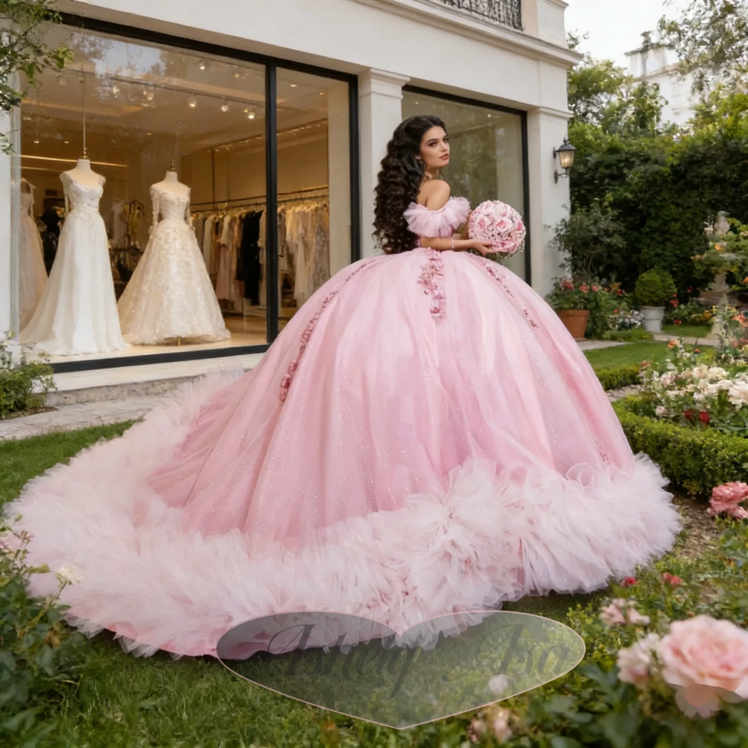 Maßgeschneiderte elegante rosa Quinceanera-Kleider für Prinzessinnenmädchen, Blumenapplikationen, Rüschenkante, Ballkleid, Abschlussball, Geburtstagsparty-Kleid 15