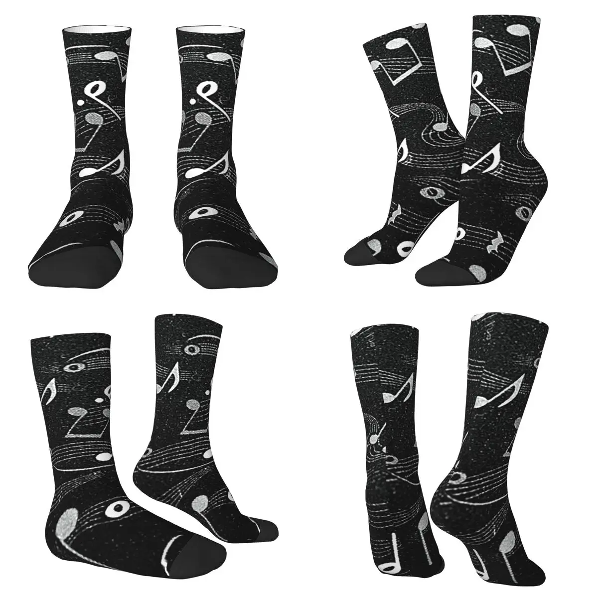 

White On Black Music Notes Happy Pattern Socks Harajuku Soft Stockings All Season Long Socks for Man Woman Valentine's Day Gifts