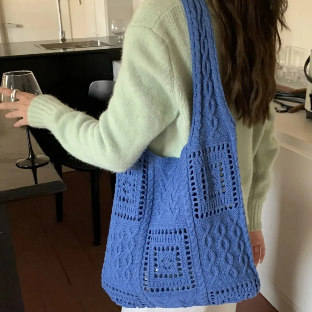 

Portable Knitted Crochet Handbag Hollow Out Breathable Woven Tote Bag Polyester Solid Color Shopping Shoulder Bag Female