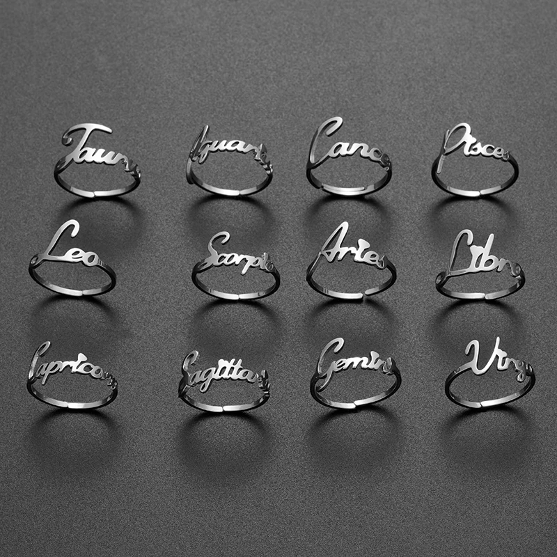 Minimalist Jewelry Zodiac Rings for Women Men Taurus Scorpio Star Sign 12 Constellation Old English Finger Ring with Letter