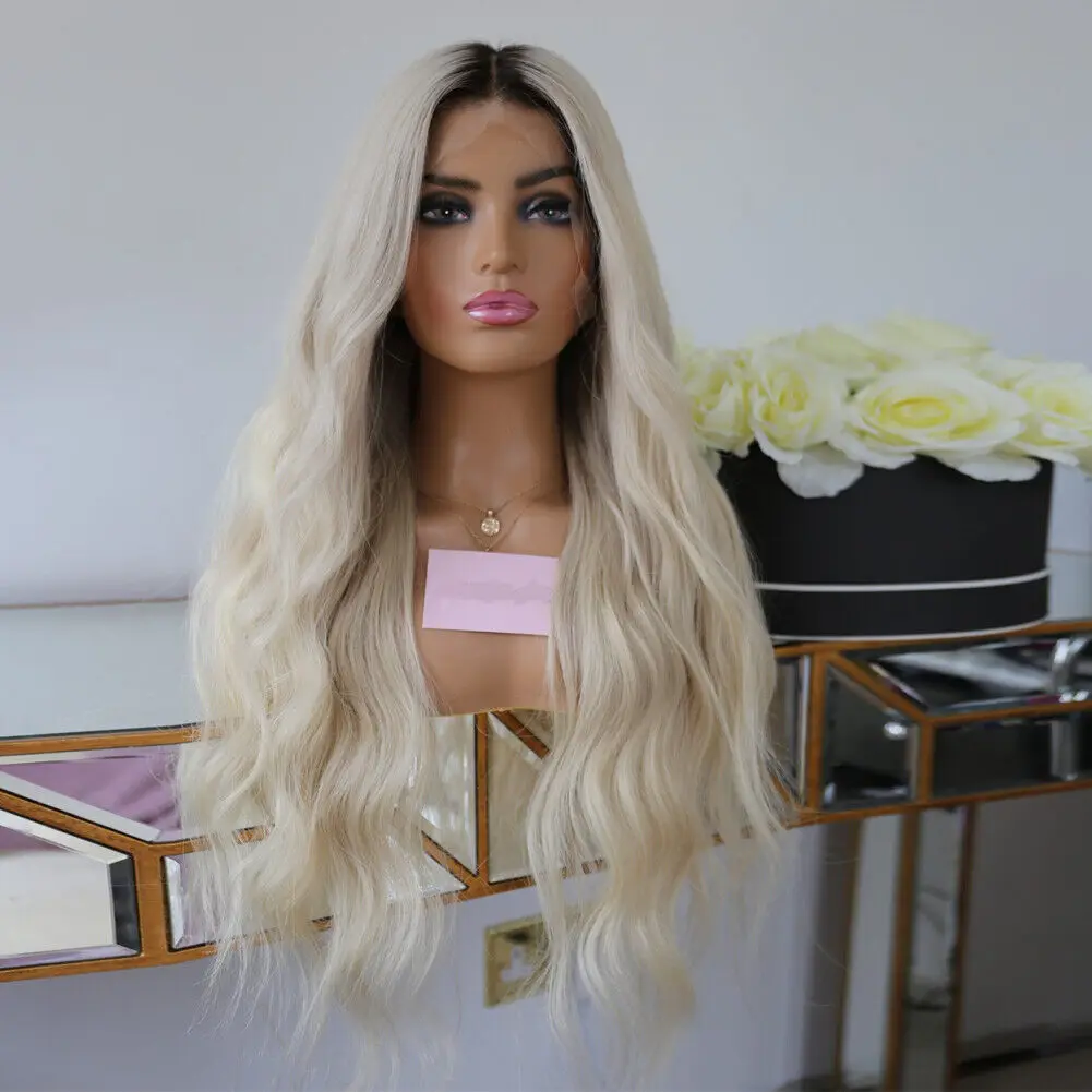 

Synthetic Hair Long Wavy Glueless T Lace Front Wigs Platinum blonde Layered