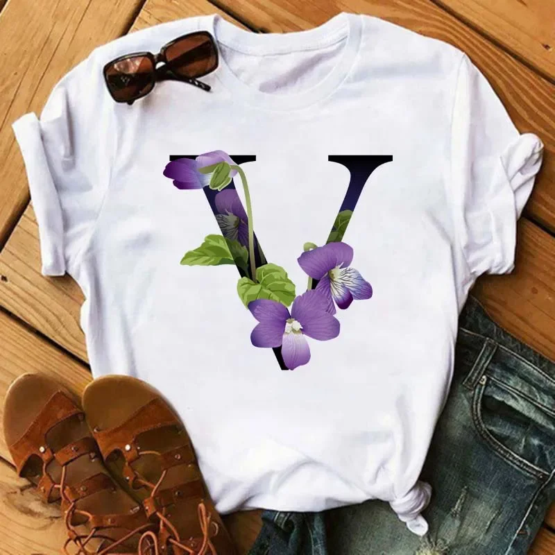 Aesthetics Custom Name Letter Combination Women's High Quality Print T-shirt Flower Letter Font A B C D E F G Short Sleeve Shirt