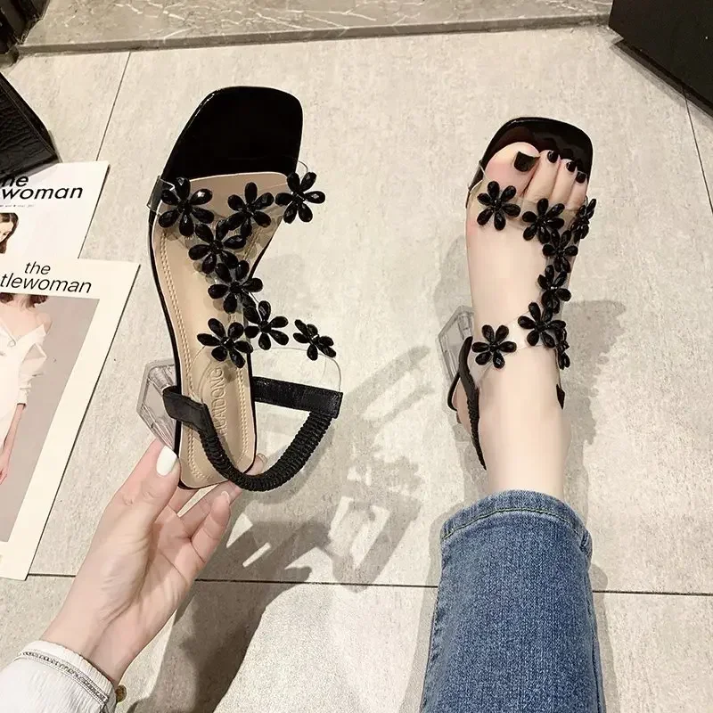 Shoes for Women 2024 Hot Sale Elastic Band Women Sandals Square Toe Solid Rhinestones Transparent Chunky Heels Sandals Women