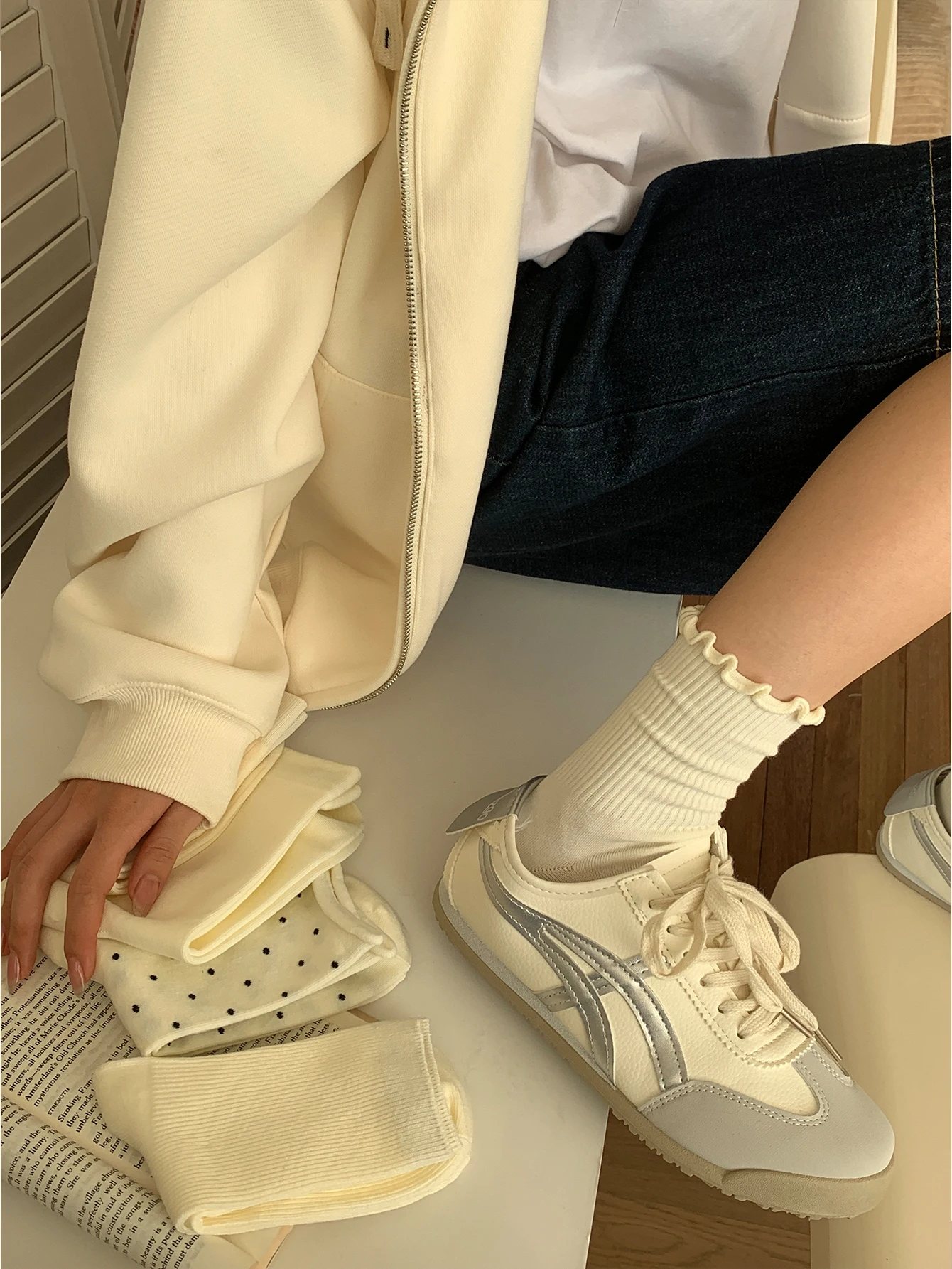 5 Pairs of Women's Mid-Calf Socks with Korean Design, Featuring Polka Dots and Vertical Stripes, in Milk Color, Postpartum Socks, Multi-Purpose Design