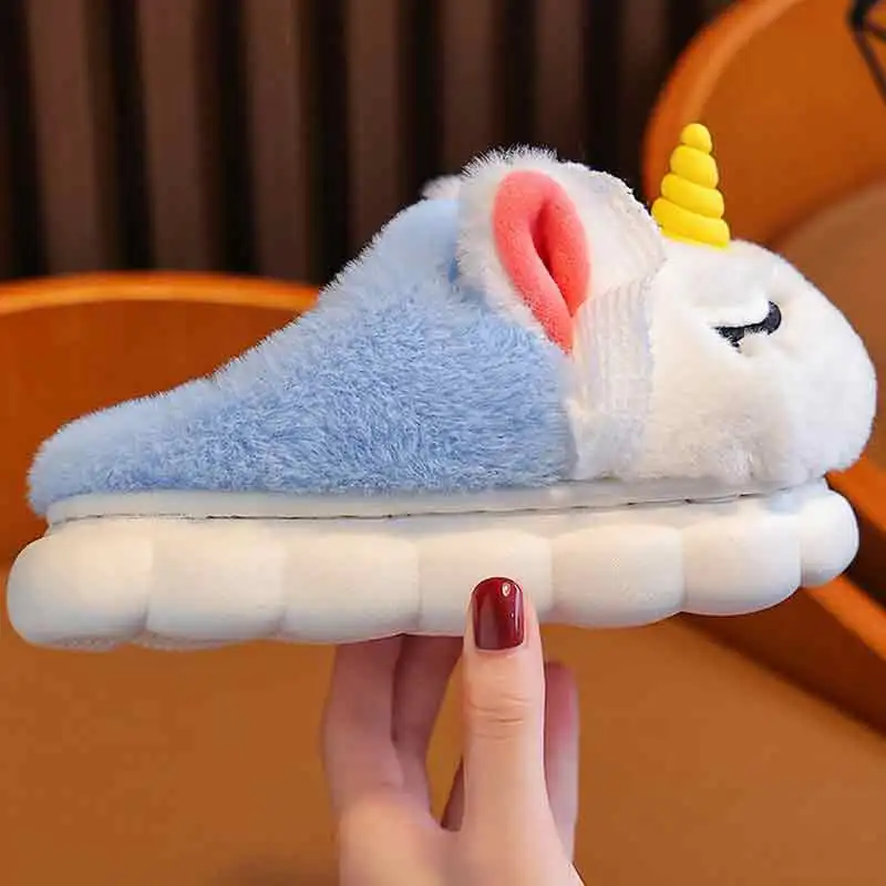 الفتيات يونيكورن النعال الشتاء الدافئة نعال من القطن المضادة للانزلاق أفخم أحذية منزلية مغلقة الظهر شبشب منزل