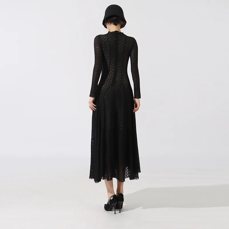 Hollow Out Mesh Maxi Dress High Collar Slim Fit Long Sleeve Robe High Waist Pleated Party Dresses 2025 New Lady Fashion Clothing