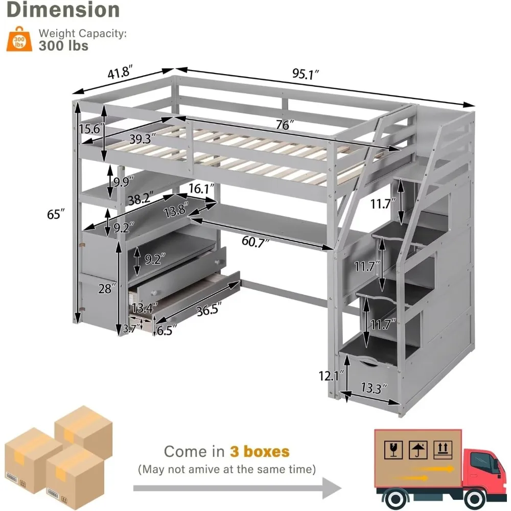 Twin Wooded Loft Bed with L-Shaped Desk, Loft Bed Frame Twin Size with 3 Storage Shelves, 2 Drawers and 3 Storage Stairs