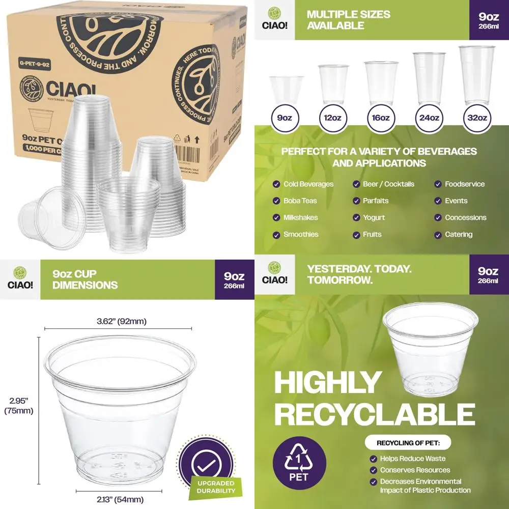 

Plastic Cold Drink Cups 9oz for Smoothies, Iced Coffee, 92mm Diameter, Bulk Case of 1000