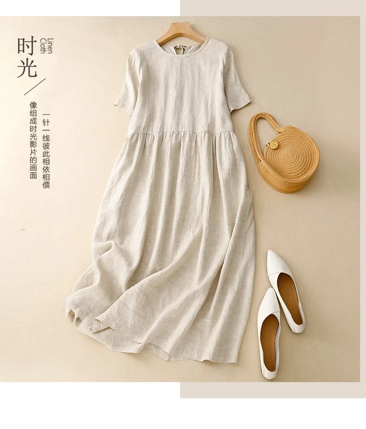 Women Cotton Linen Midi Dresses Summer Chic Female Vestidos Loose  A-Line Boho Dress Short Puffy Sleeve Casual Sundress New