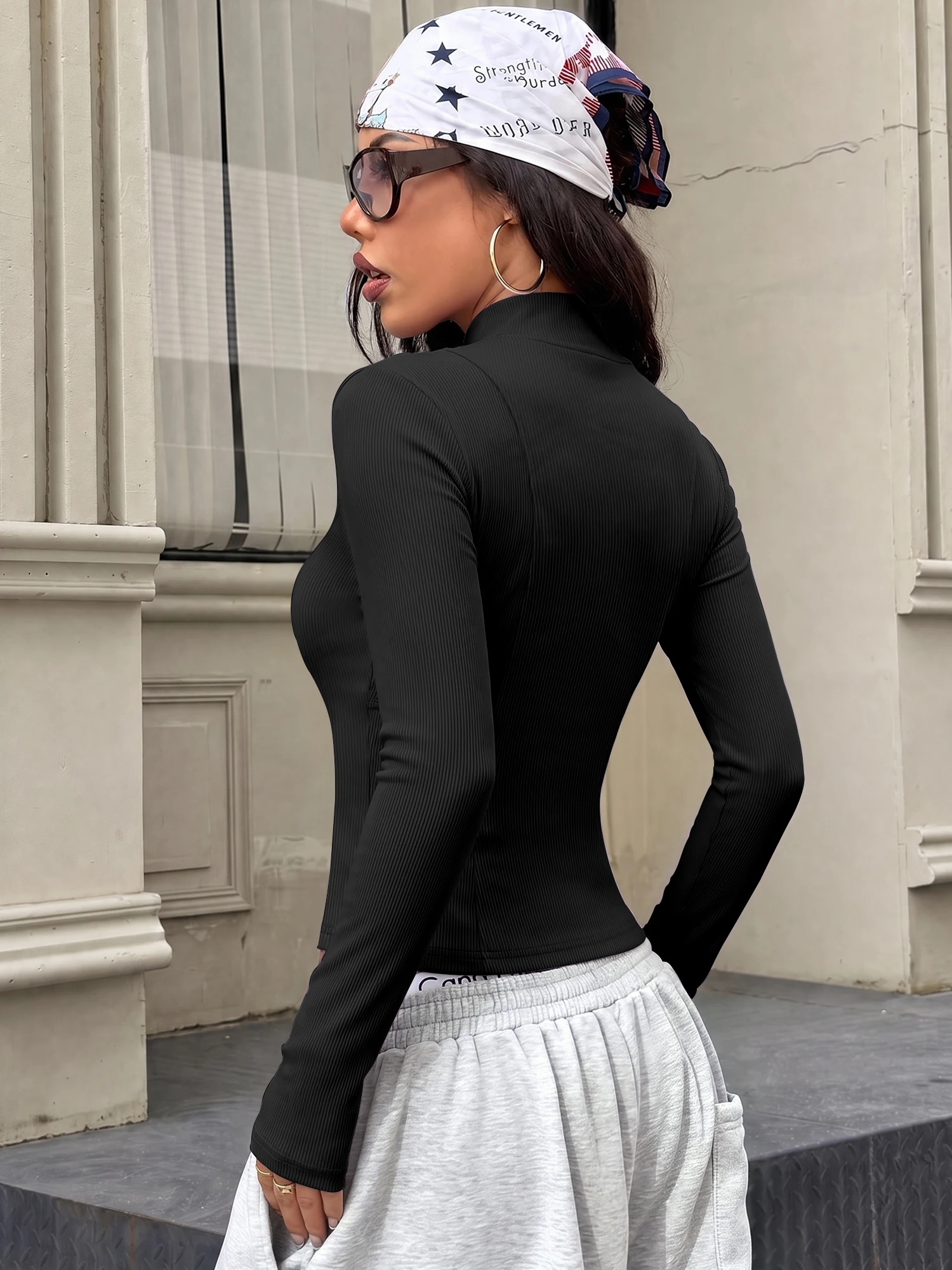 Women Solid Color Slim Outerwear Stand Collar Long Sleeve Zip Up Cropped Casual Street Jacket