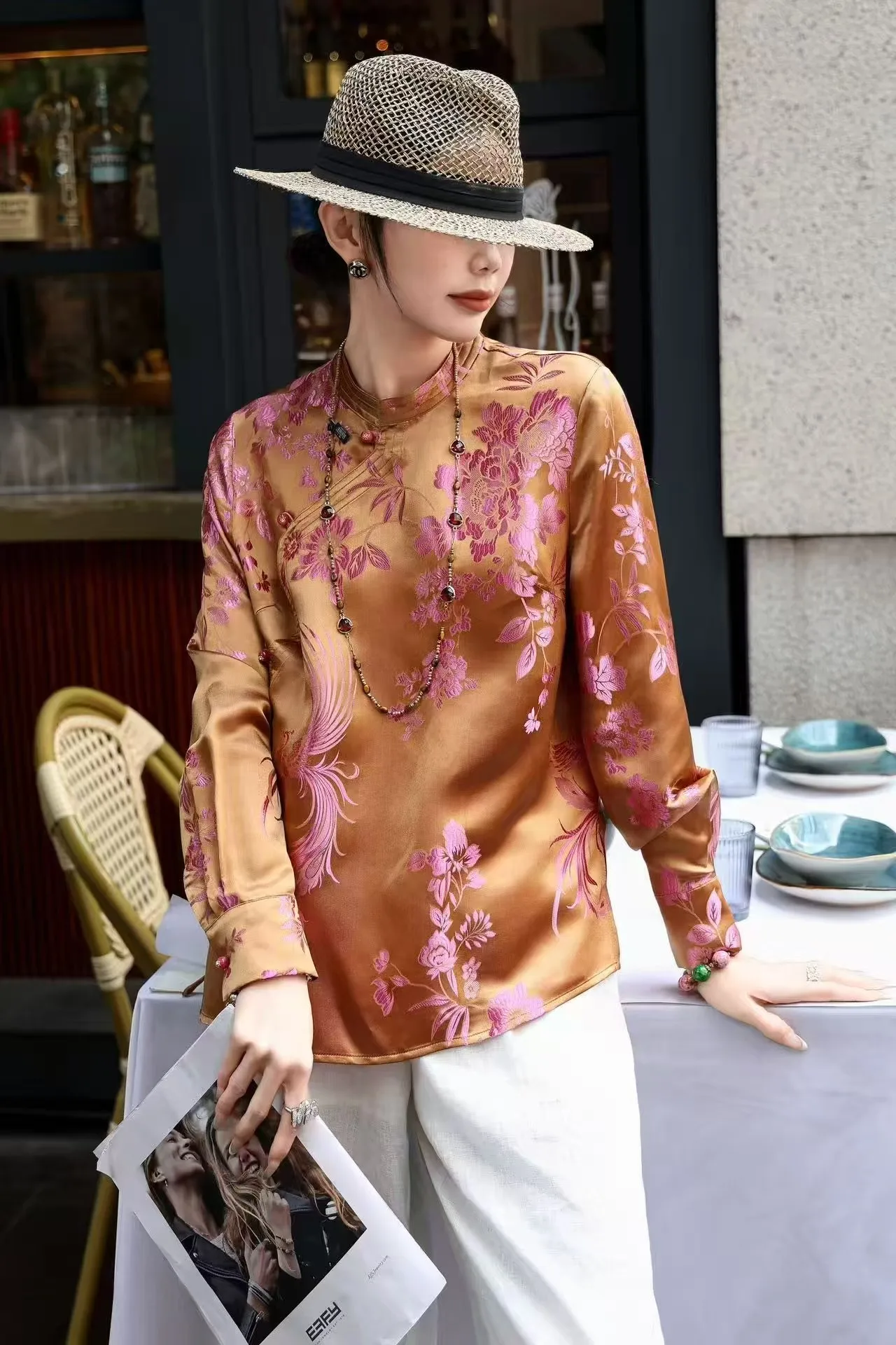 Spring Season High end New Small Standing Collar Single Breasted Silk Satin Fabric Exquisite and Elegant Women's Shirt S-XL
