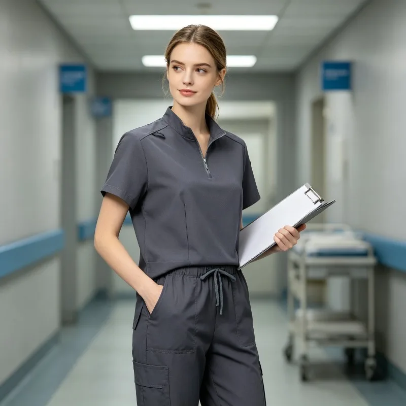 Stand Collar Zip-Front Scrub Set with Elastic Waistband Pants and Quick Dry Fabric for Clinic Hospital Operating Room
