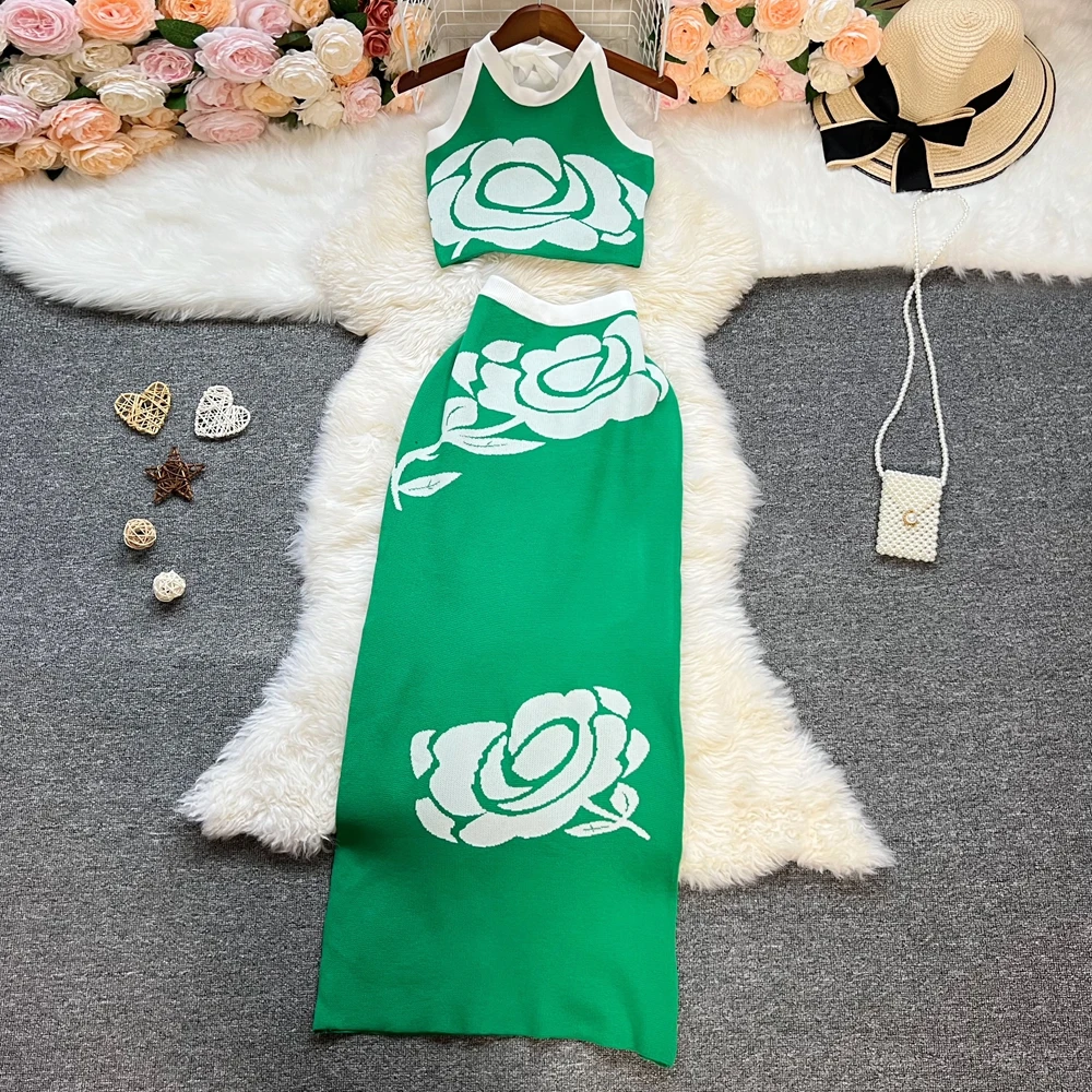 Marca YuooMuoo, trajes de punto de dos piezas a la moda para mujer, moda elegante Y2K, Top corto y falda larga envolvente a la cadera, ropa de calle, trajes para mujer