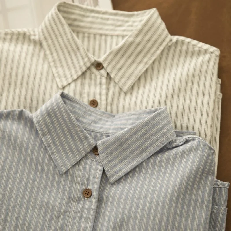 

Spring New French Commuting Lapel Striped Cotton Women's Casual Short Temperament Shirt