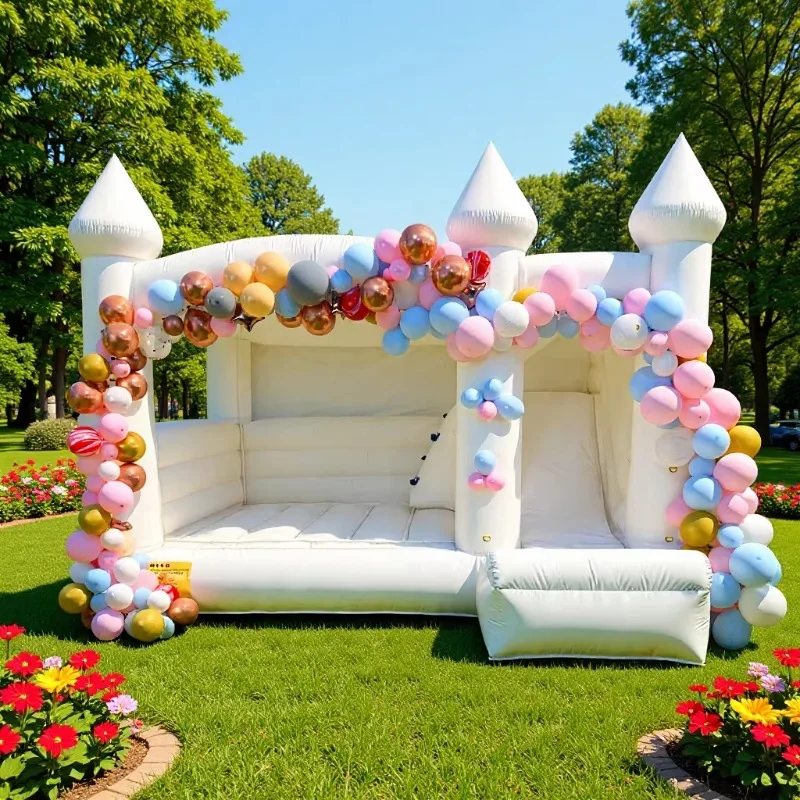 White bouncy castle, jumping bed slide party decorating balloon arch birthday arrangement