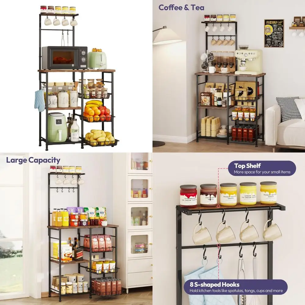

Kitchen Coffee Bar Cabinet with Storage, Shelves, Hooks, Baskets, and Adjustable Feet for Pantry Organization