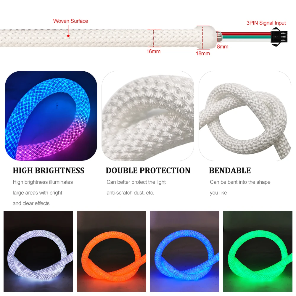 WS2812B Round Reticulate Neon LED Strip Light Smart RGB Addressable Flexible Silicone Tube Waterproof DC5V USB Music Controller