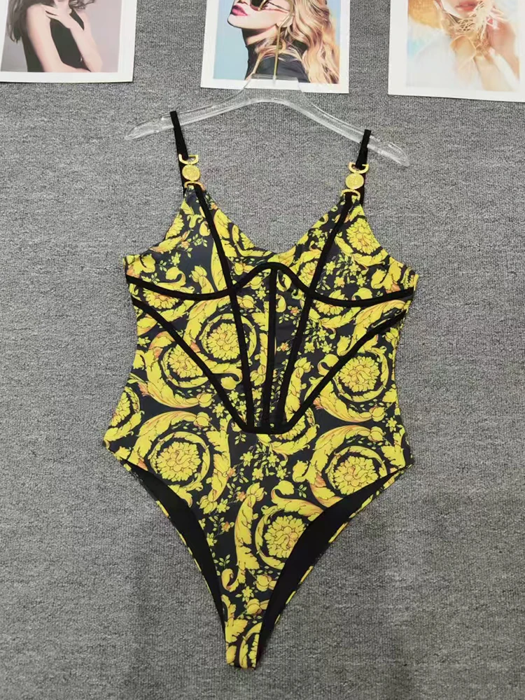 2026 summer women's retro geometric printing hardware buckle sling tube top jumpsuit fashion Joker elastic slim tights.