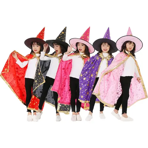 2 Pcs Enfants Magicien Cape Chapeau Ensembles Halloween Costumes Filles Sorcière Cape Cosplay Noël Carnaval Fête D'anniversaire Effectuer Vêtements