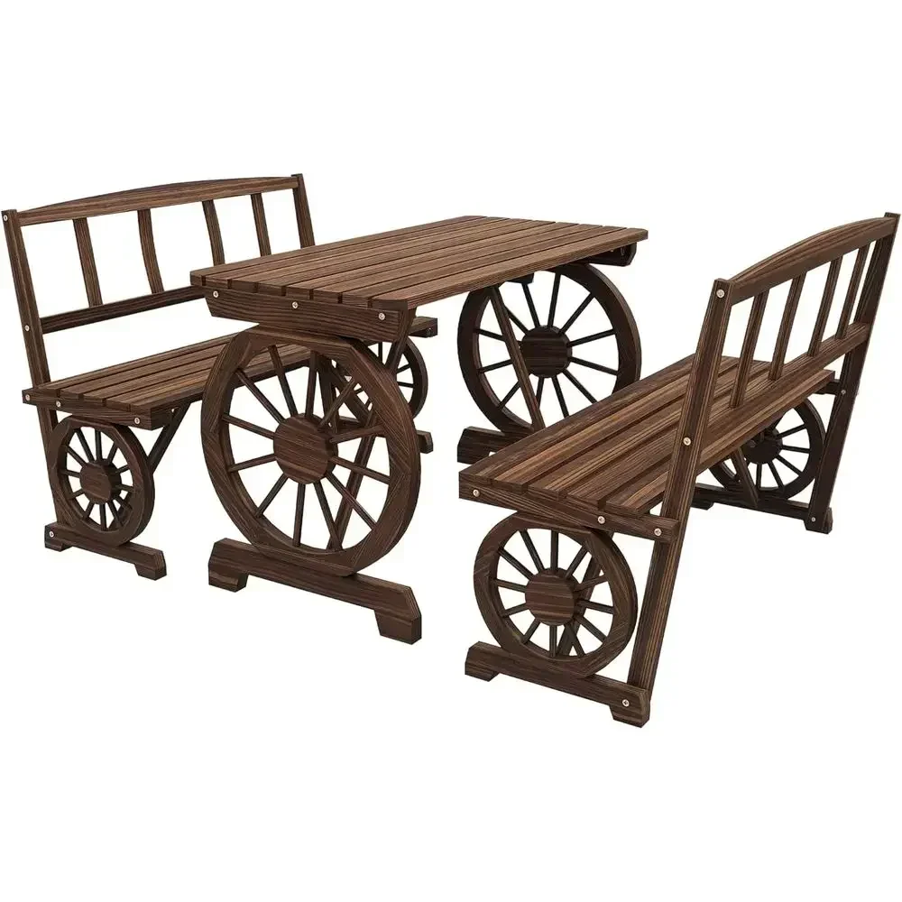 Weather-Resistant 3-Piece Wooden Patio Table Set with Wagon Wheel Design for 4, Ideal for Garden or Deck