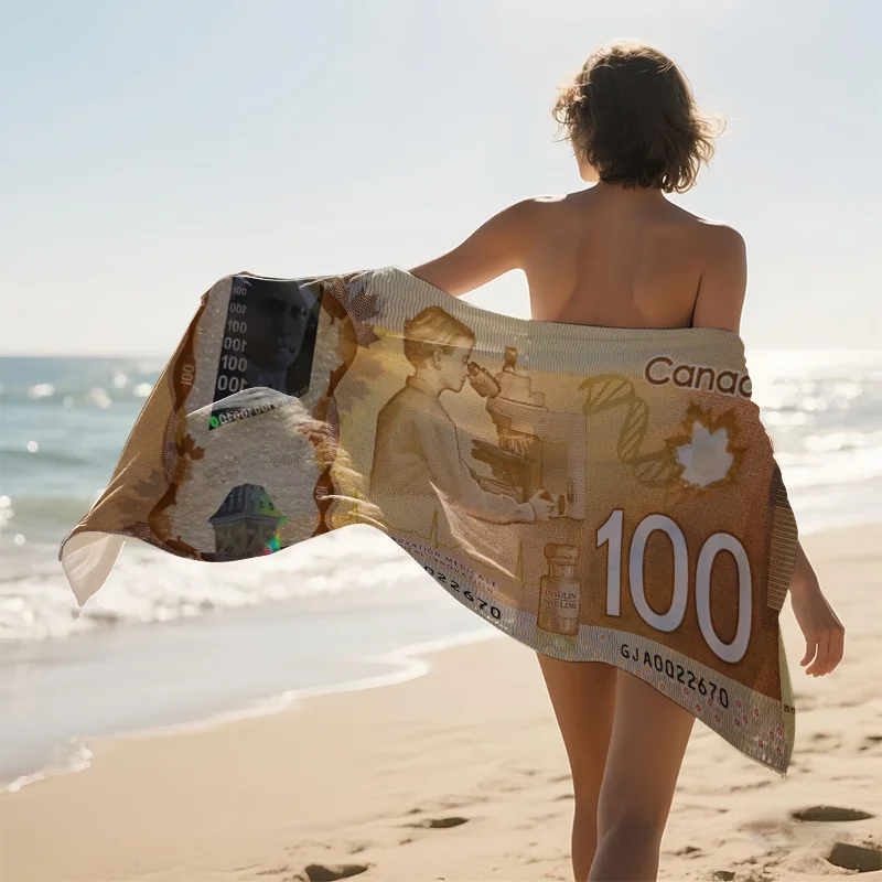 Canadian Currency Design Beach Towel - Lightweight Quick-Dry,Travel & Bathroom Use, Unique Lion Design, Perfect Canadian