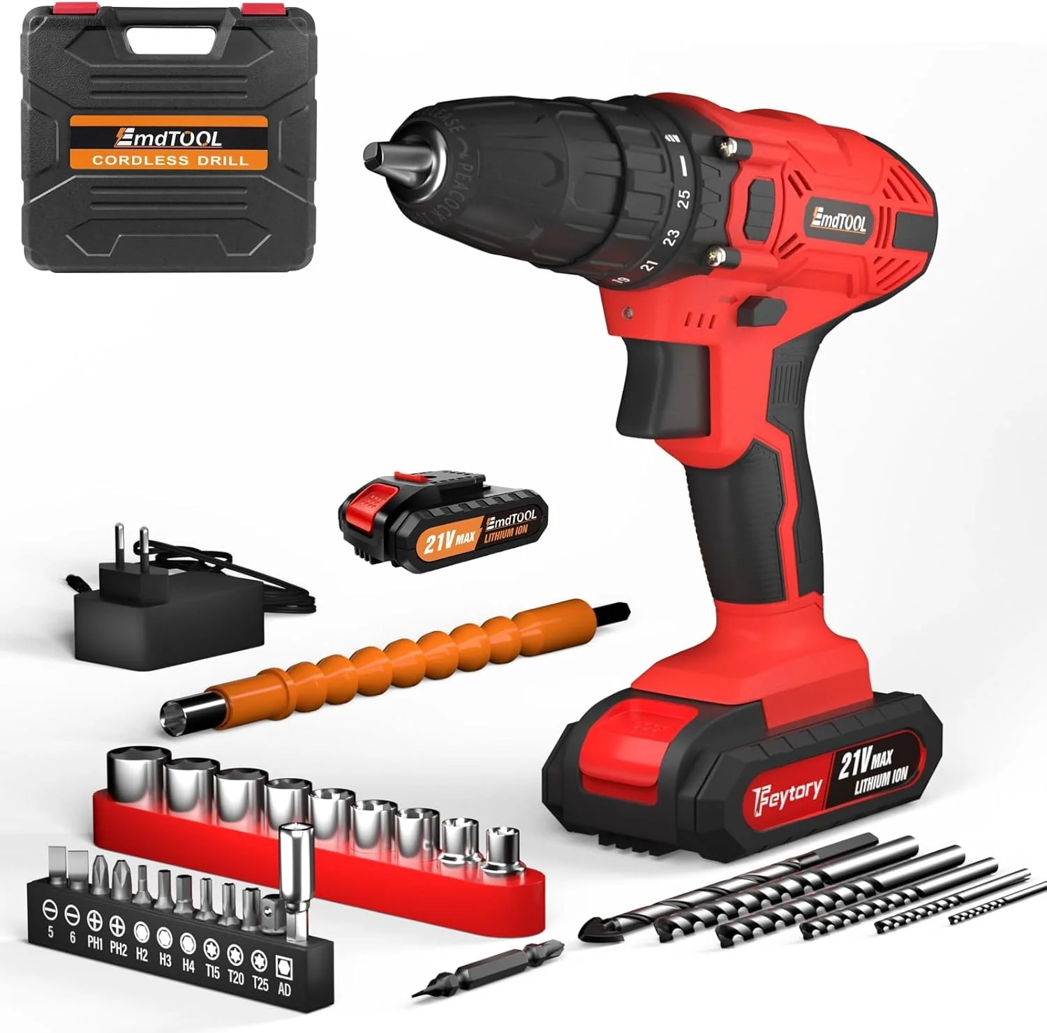 BRIEFNESS Cordless Drill Kit with 1.5 Ah Li-Ion Battery and Charger Red Cordless Electric Drill Repair Tool