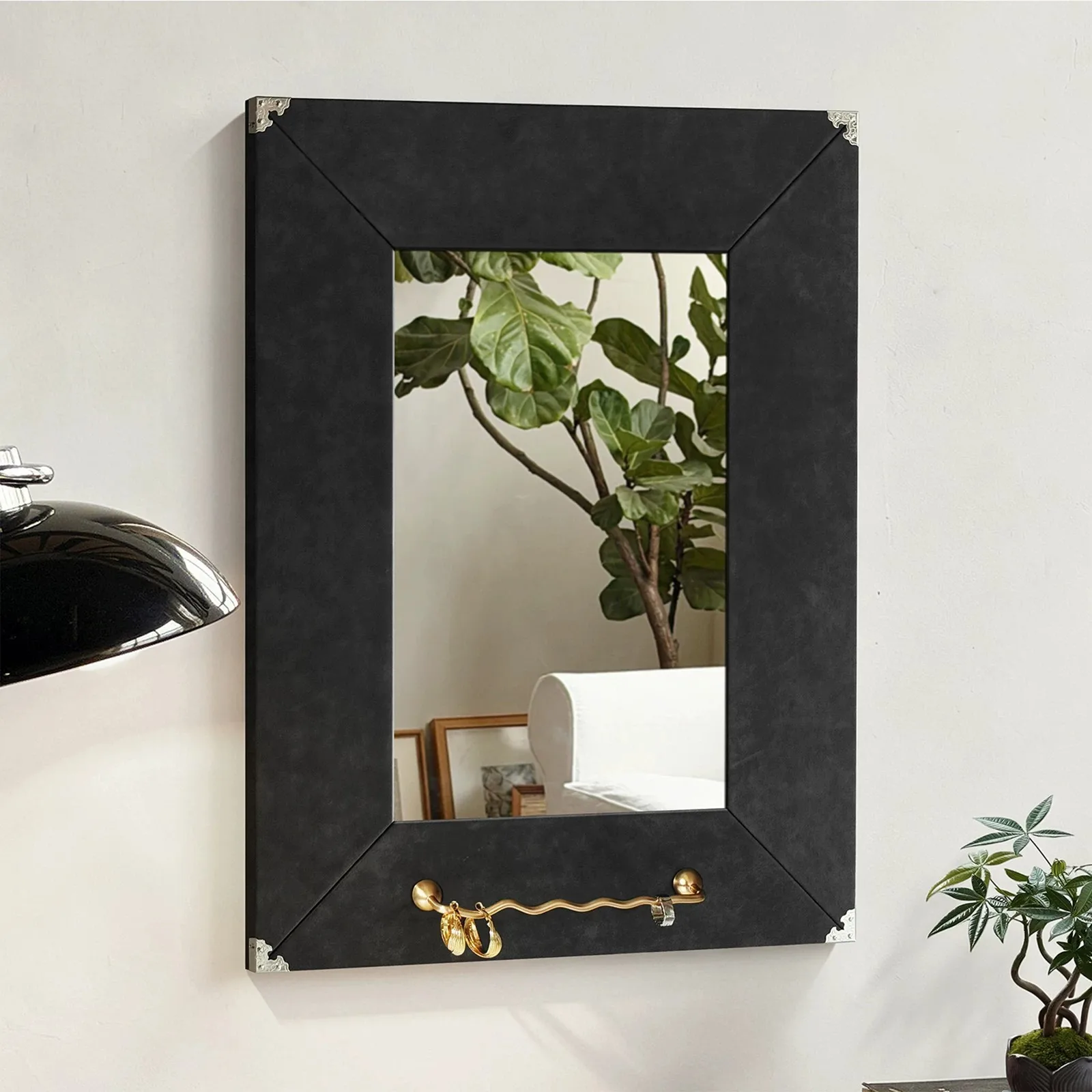 Mid Century Wall Mounted Decor Mirror with Hanging Hook Retro Vanity Makeup Mirror Bedroom Living Room Aesthetic Wall Ornament