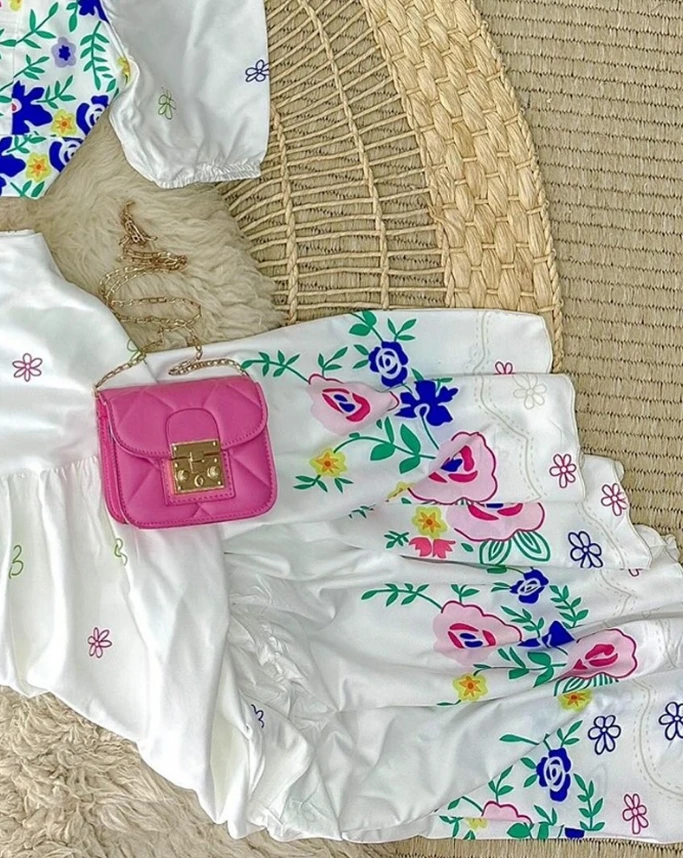 Summer Half Skirt Fashionset with Small Fresh Plant Print Bubble Sleeveshort Top High Waisted Buttocks Wrapped A-Line Long Skirt
