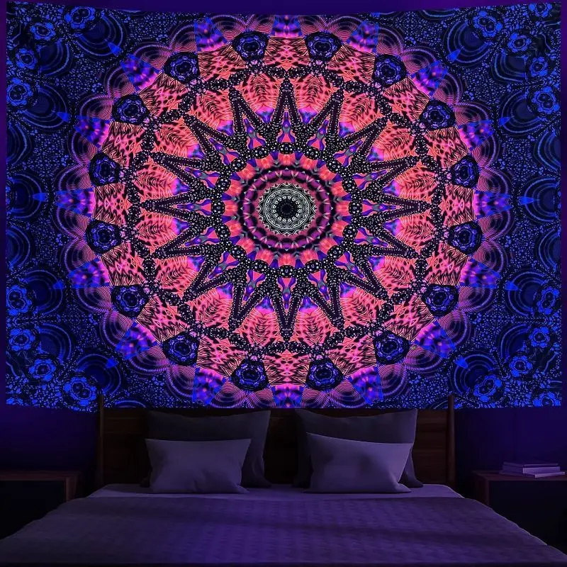 VIKAMA UV-Schwarzlicht-Mandala-Wandteppich für Wohnzimmer, Schlafzimmer, Yoga, Meditationsraum, Wandkunst, psychedelische Boho-Dekoration