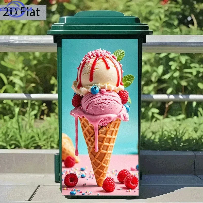 2D 1PCof Trash Can Sticker,  Featuring a Colorful Ice Cream Cone Feast Theme Design, Self-Adhesive Wall Decoration Wallpaper,