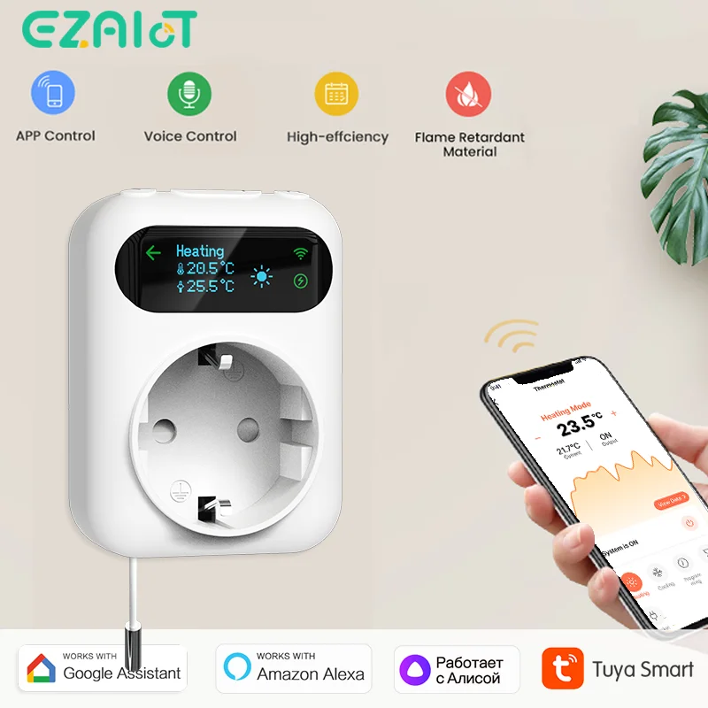 WLAN-Steckdosen-Thermostat Tuya 16A Stecker für Kühlung und Heizung, Intelligente Steckdose mit Temperaturregler, Timer, Kompatibel mit Smart Life APP, Alexa, Google Home Sprachsteuerung für