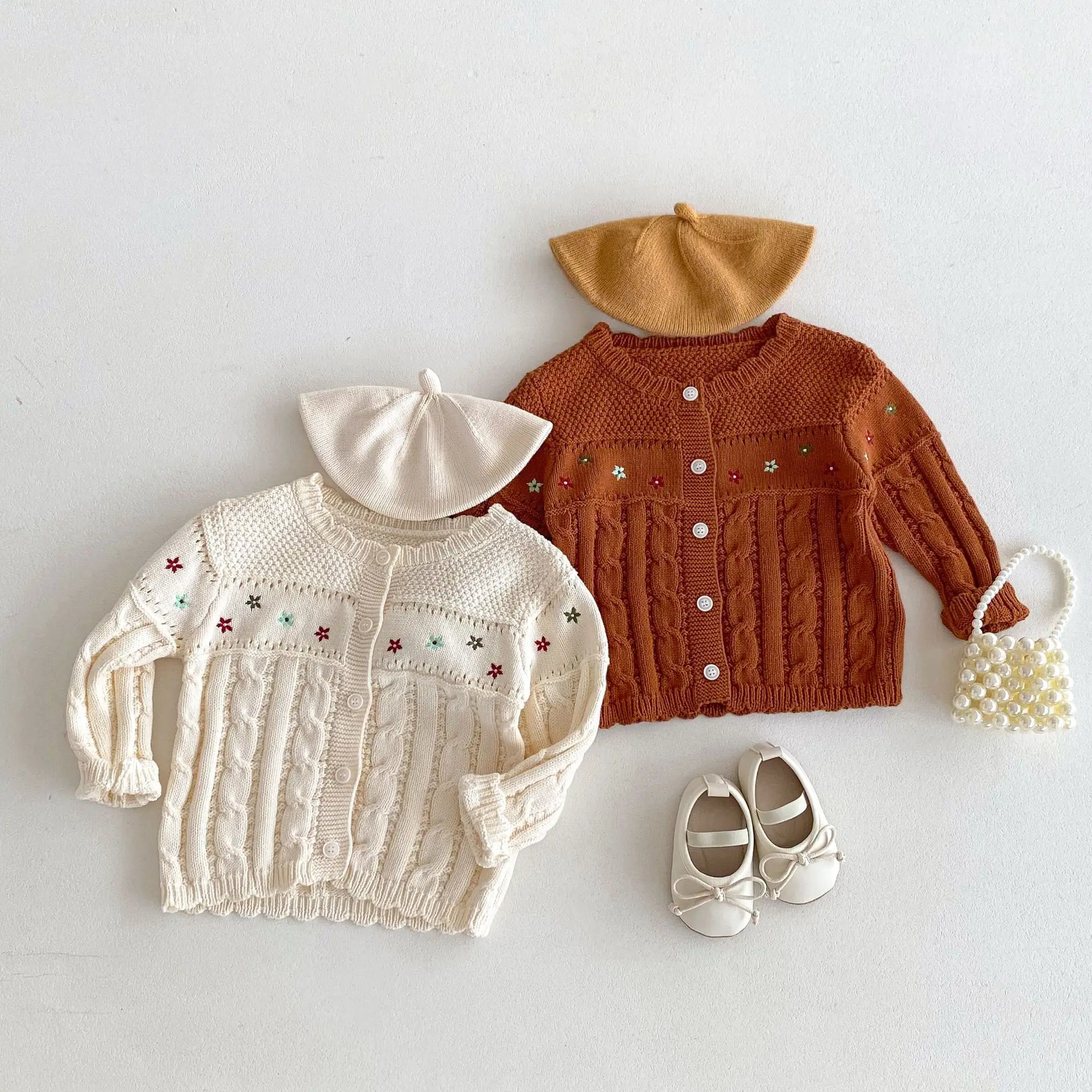 2024 Autumn New Children Knitted Coat Baby Girls Flower Embroidery Sweater Cardigan Cotton Kids Baby Casual Versatile Knitwear