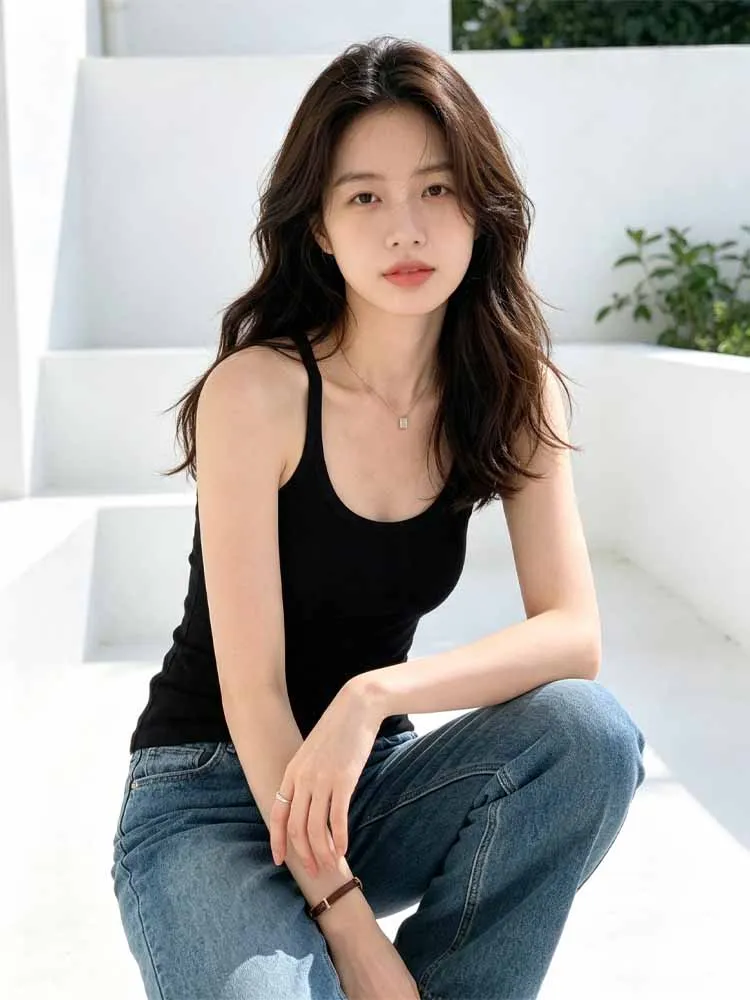 Korean Basic U-neck Wide Shoulder Strap Tank Top Solid Color Slim Fit Exterior/Interior Bottom