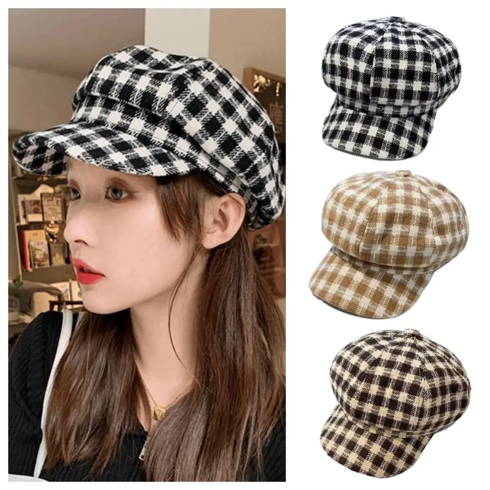 Literary Korean Style Plaid Beret Hat Small Fragrant Style Keep Warm Women Painter Hat Lattice Women Octagonal Cap All-match