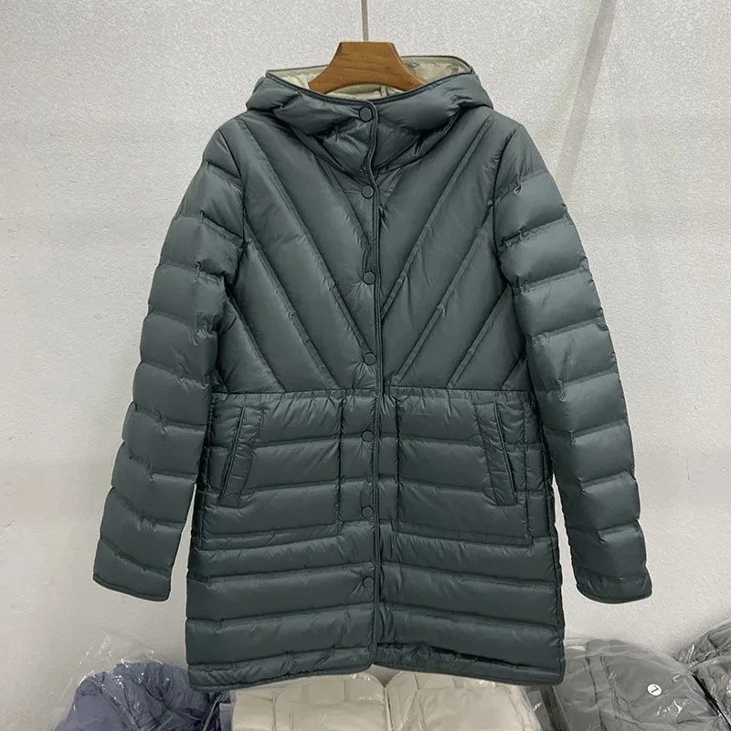 2025 New Hooded Puffer Coat Autumn Winter Women Light White Duck Down Jacket Parkas Ladies Warm Double-Sided Outwears