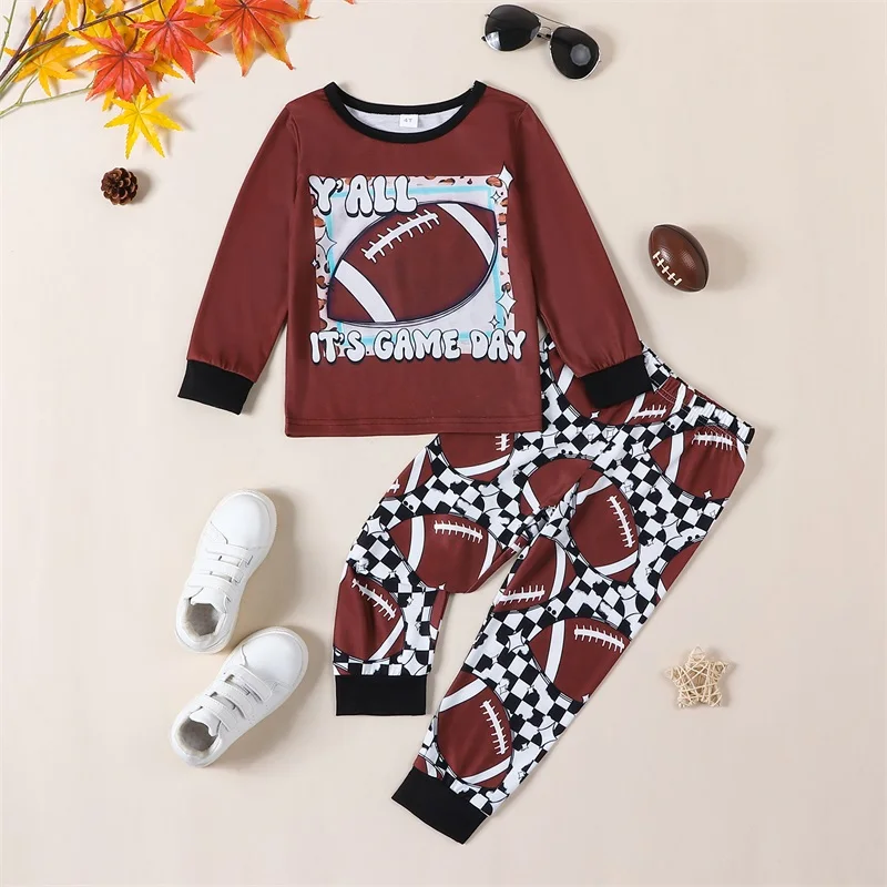 Boys Outfits Kid Rugby Print Long Sleeve Round Neck Sweatshirt and Elastic Waist Pants Set Autumn 2 Piece Suits