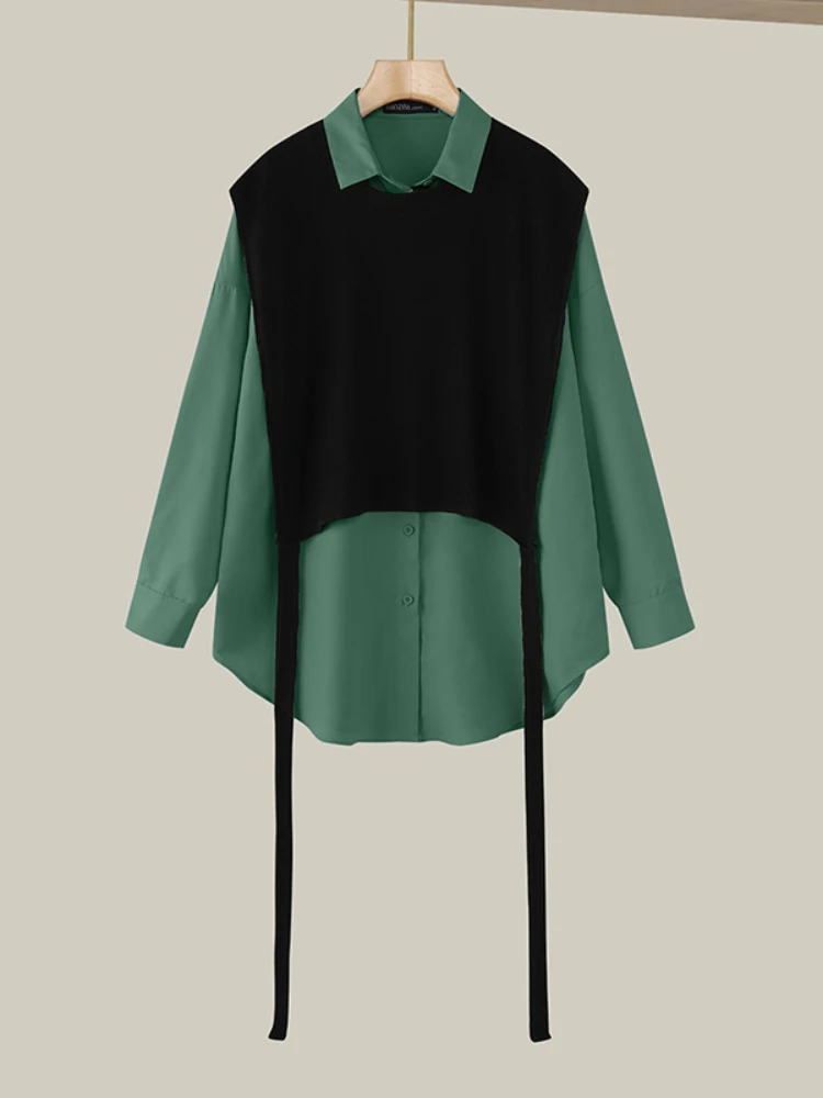 حجم كبير 5XL ZANZEA الخريف أزياء المرأة Colorblock شرابة قمم وهمية قطعتين قميص عارضة طويلة الأكمام الستر مكتب البلوزات