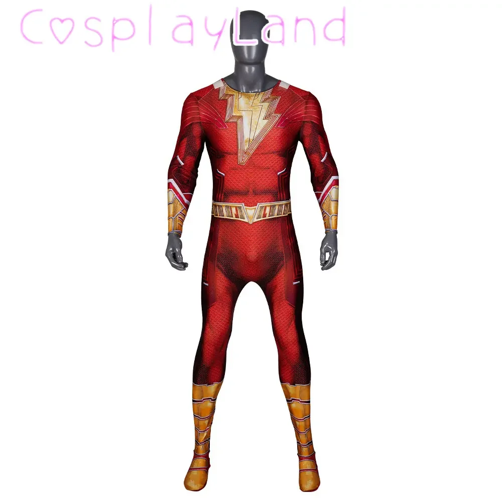 Fúria dos Deuses Cosplay Capitão Roupa Billy Batson Impressão Traje Adulto Macacão de Super-herói com Capa Carnaval de Halloween