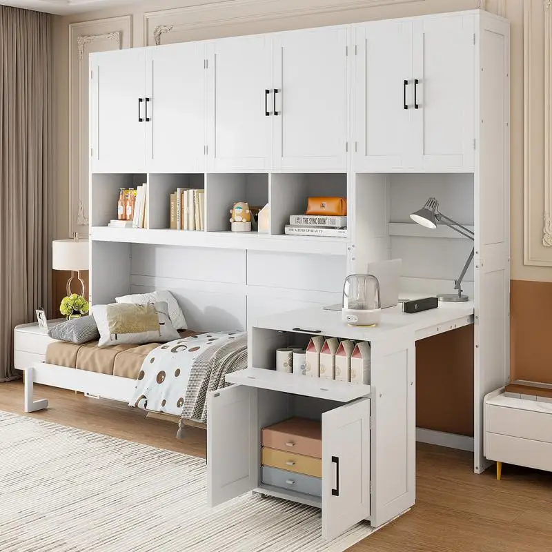 Twin Murphy Wall Bed with Closet, Drawers, and Desk - White Finish