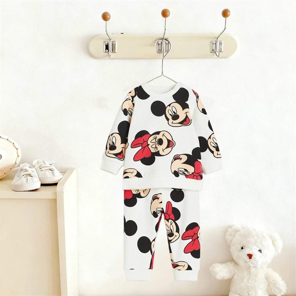 بدلات مطبوعة بالكامل للبنين والبنات بلوزات كرتونية + سراويل 2 قطعة أزياء الخريف للأطفال ميني ميكي ملابس لطيفة بأكمام طويلة