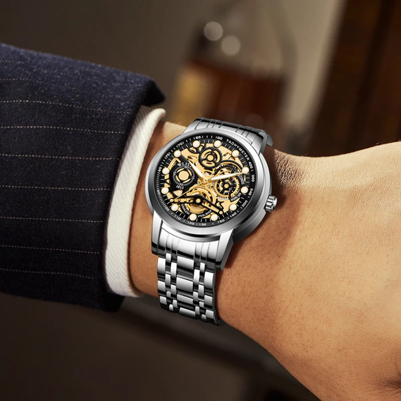 Mechanical Mens Watches Skeleton Hollow Stainless Steel Waterproof Luminous Watches for Man Luxury reloj hombre masculino