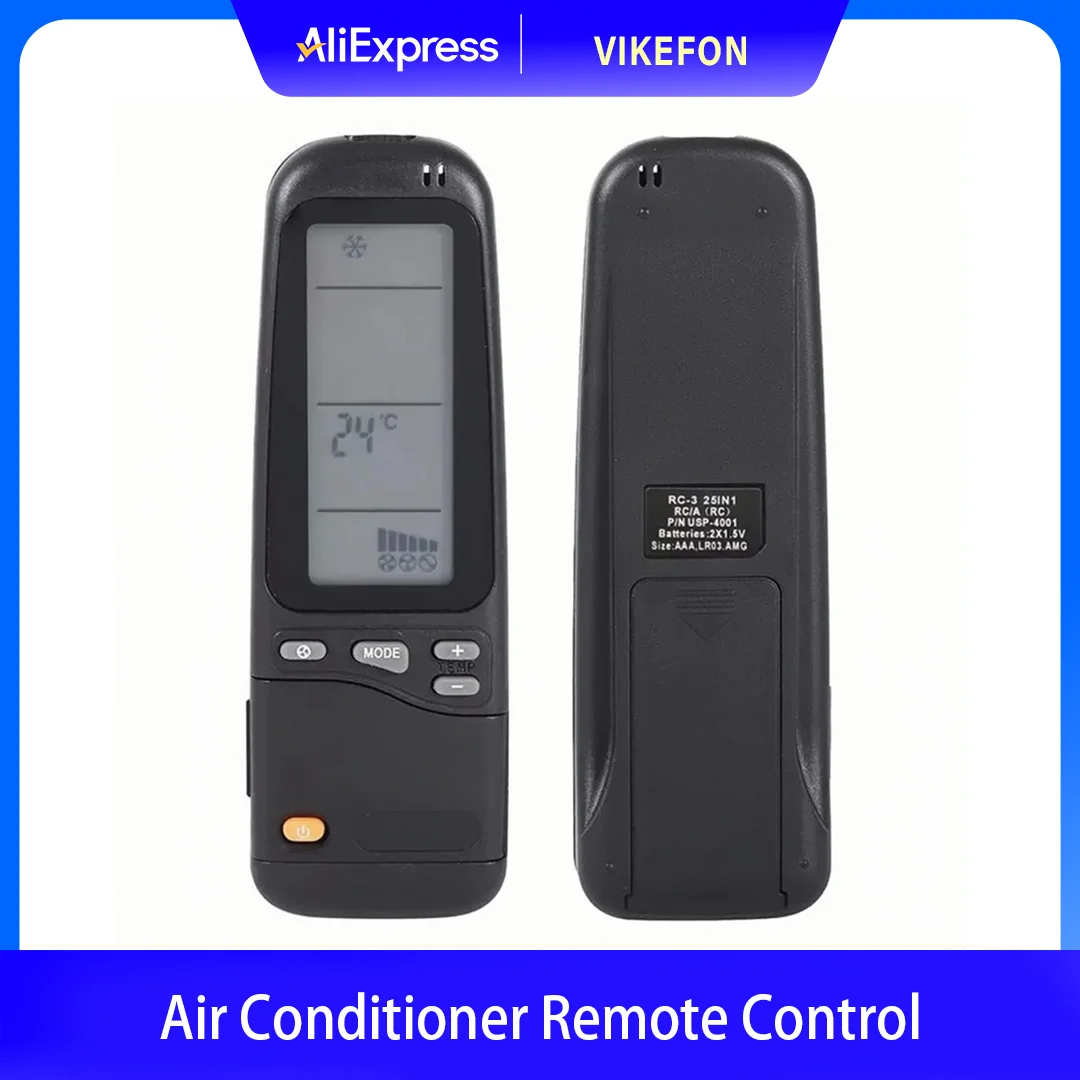 25 en 1 Control remoto de aire acondicionado RC-3 Reemplazo para aire acondicionado Airwell/Electra también compatible con RC-4 RC-7