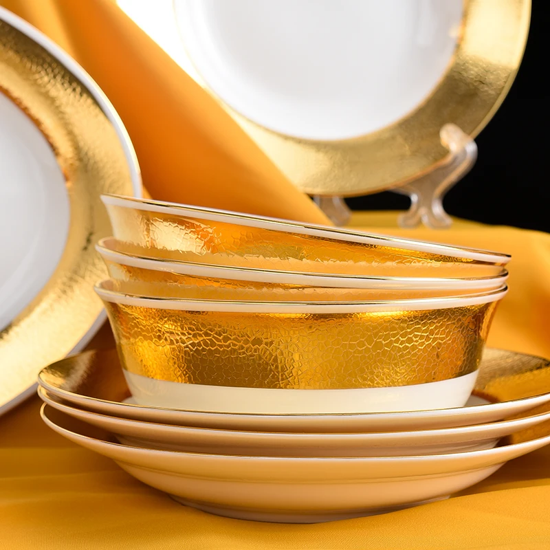 Dish And Plates 52 pcs gold line Bone china Dinner Set China Health Tableware White Ceramic Soup plate Bowl Dish Gift Porcelain