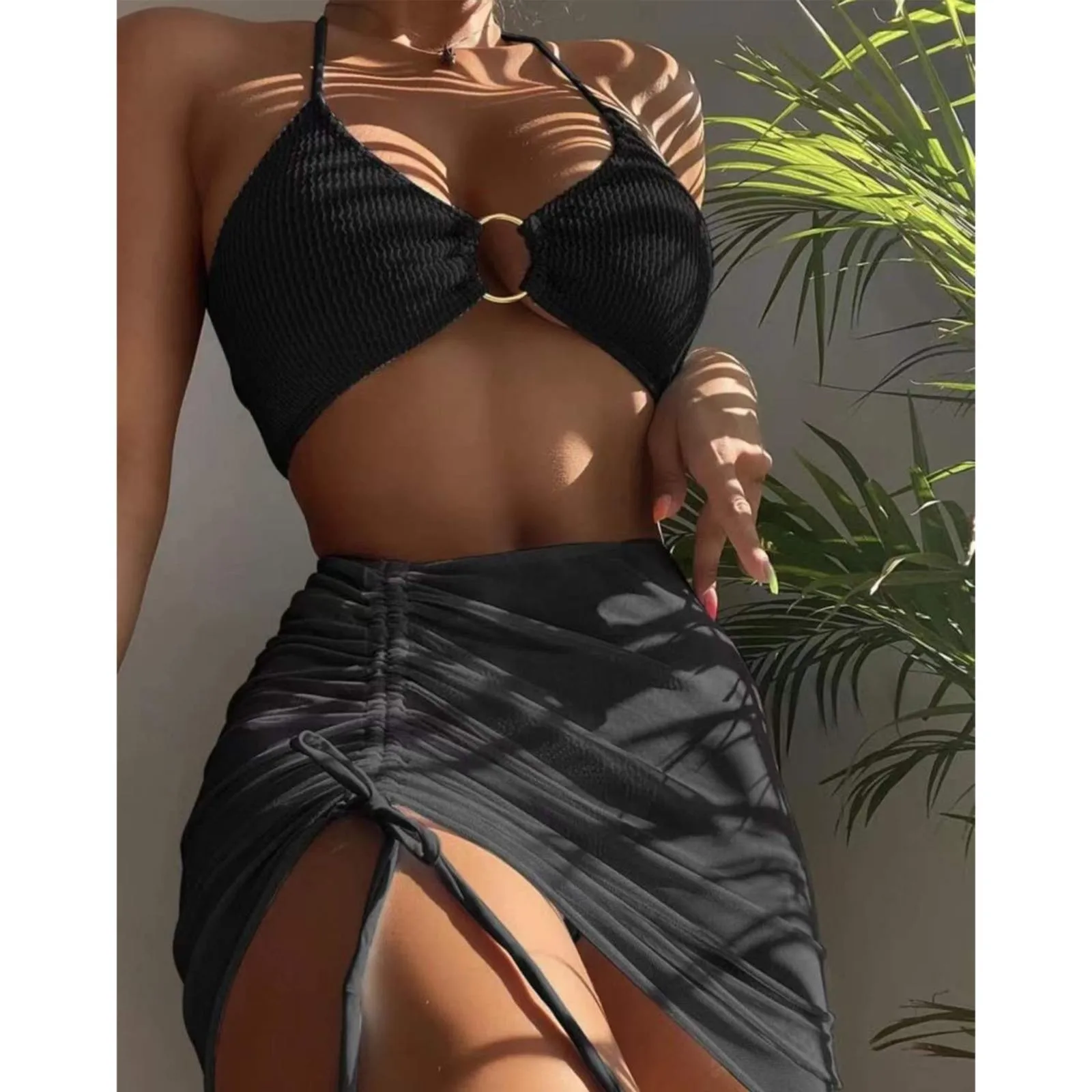 Women 3 Pieces Swimsuits Halter High Waist Push Up Ring Bikini Set Sexy See Through Cover Up Skirt 2023 Fashion Bathing Suits