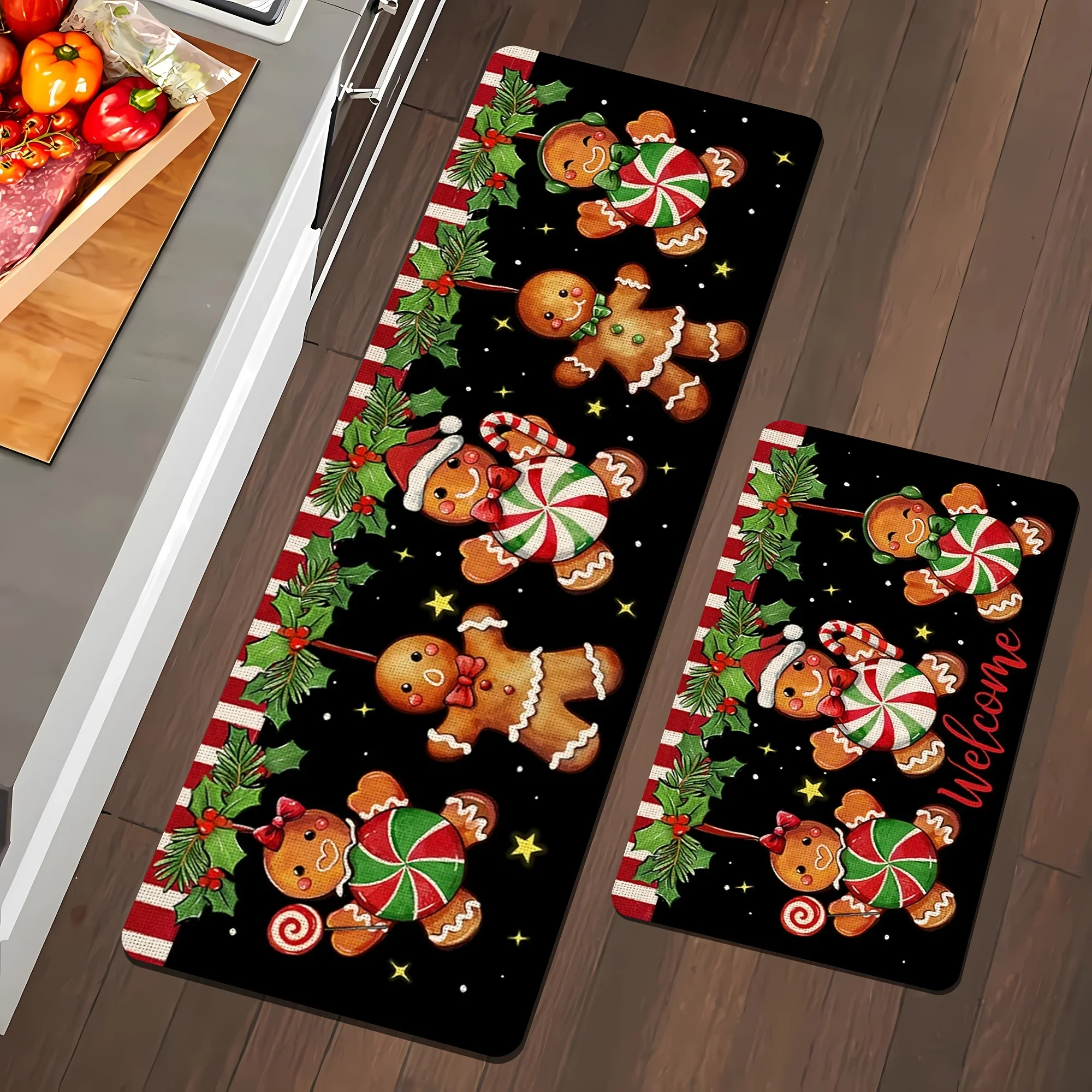 Gingerbread Man Christmas Kitchen Mat Cute Candy Cane Pattern Home Floor Decoration 1/2/3pcs Corridor Hallway Long Carpet
