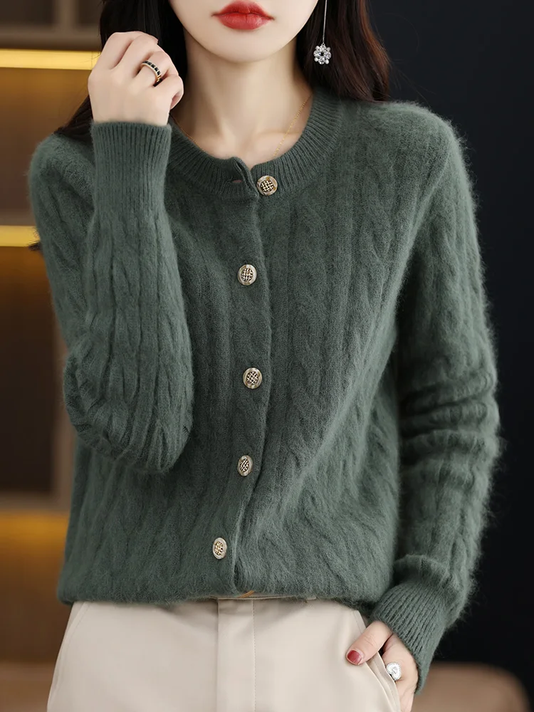 ADDONEE Women Mink Cashmere Sweater Autumn Winter Thick O-neck Cardigan Cable Knitting Soft Warm 100% Mink Cashmere Knitwear Top