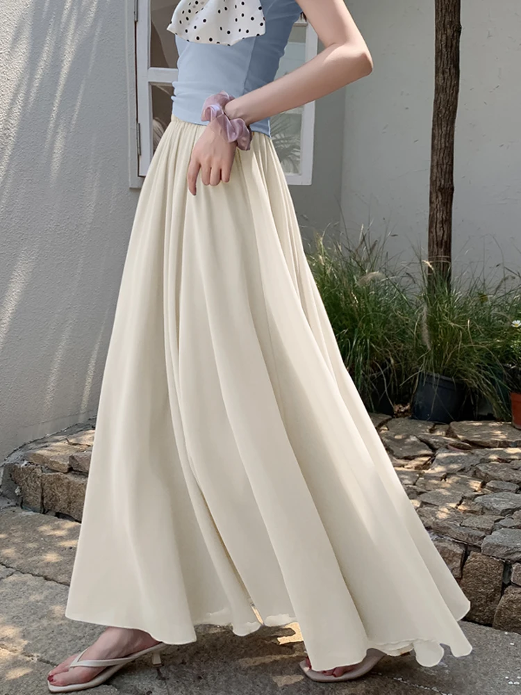 

Юбка миди А-силуэта с высокой талией, женская, летняя, 2026, новая, маленький размер, универсальная, шифоновая, плиссированная, длинная юбка-солнце