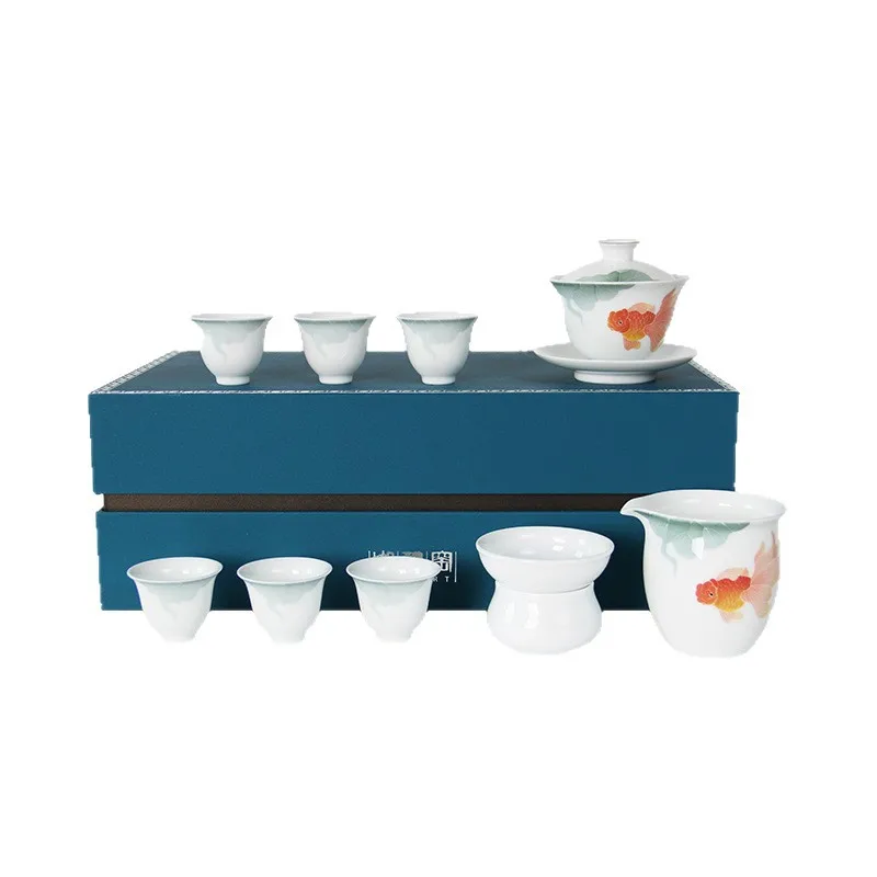 Kung Fu Tea Set Underglaze Color Gold and Jade Full Hall Tea Set Chinese Tea Tasting Cup Kung Fu  Set